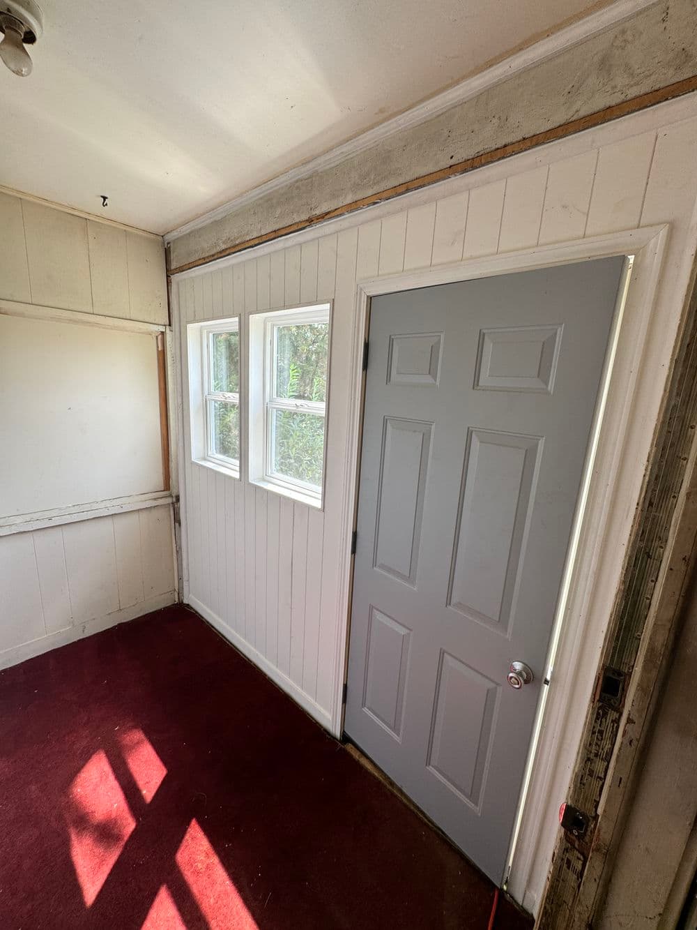 Interior room featuring a gray door, two windows, and red carpet flooring.